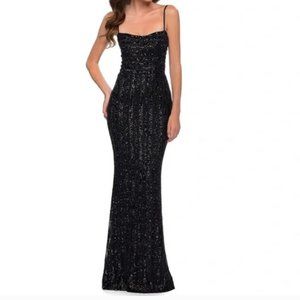 La Femme 29713 Black Sequined Square Neck Floor Length Formal Prom Gown Size 6